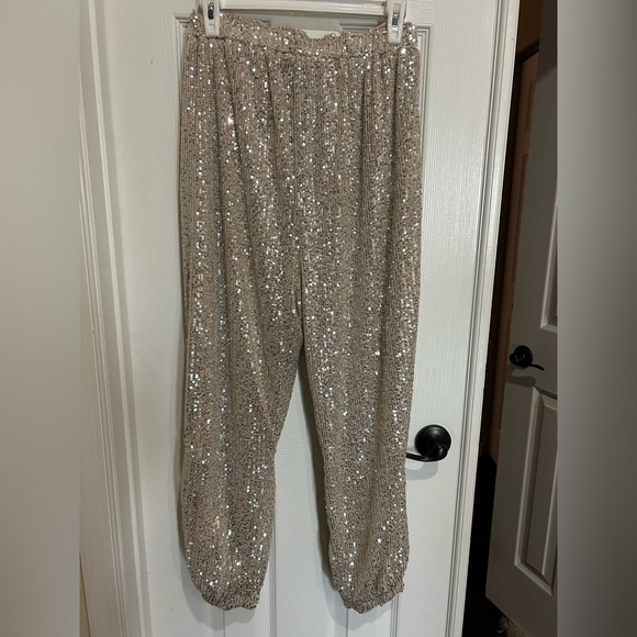 She + Sky Sparkling Sequin Joggers in Beige/Gold Medium - Picture 4 of 4